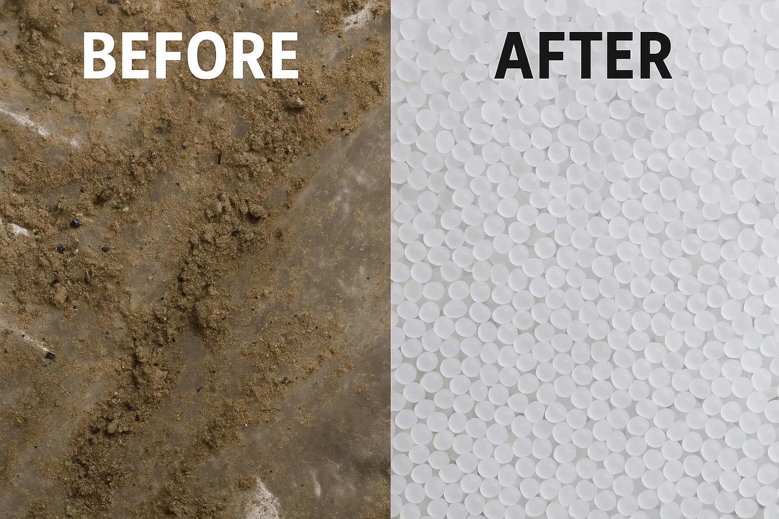 A comparison image of "before processing" (a film full of mud and sand) and "after processing" (clean particles).