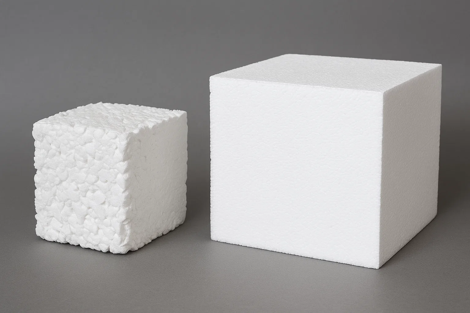 A side-by-side photo showing a white, compacted EPS block next to a solid, dense EPS ingot.